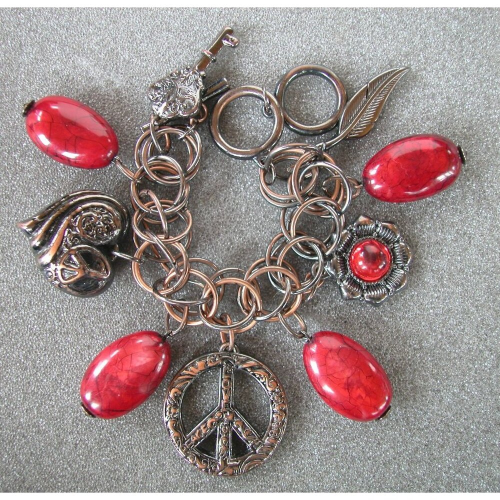 Vintage-Inspired Peace & Heart Charm Bracelet With Red Beads & Key Accents Adjus